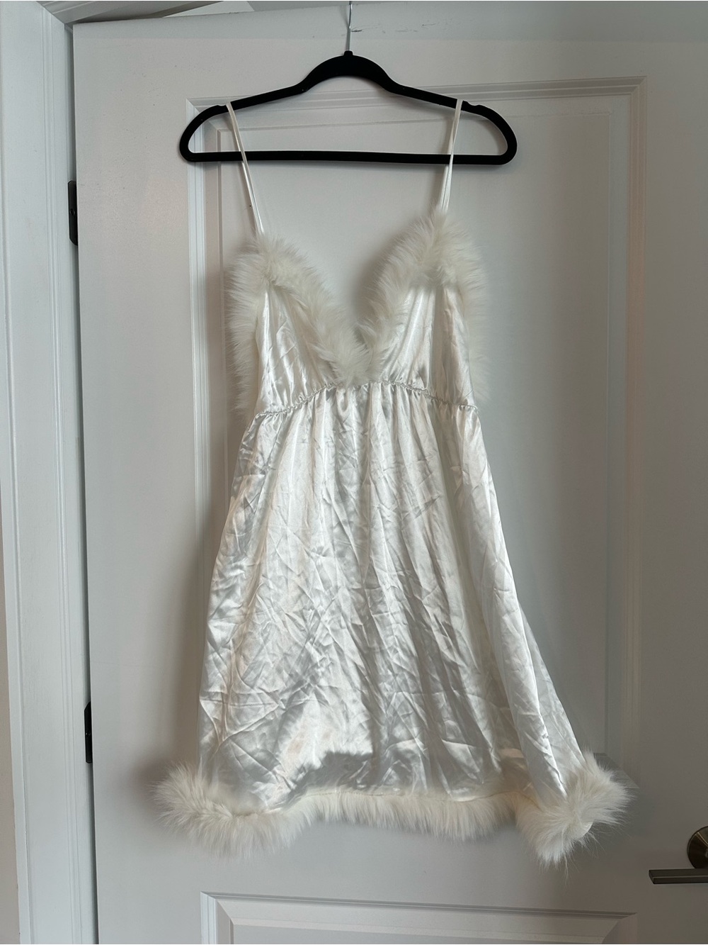 White Satin Slip Dress with Feather Trim